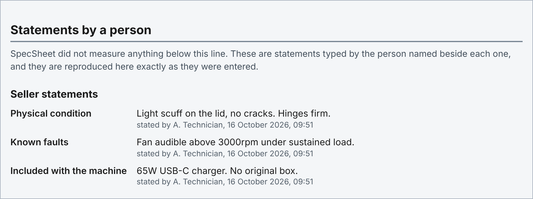 A block headed Statements by a person, saying SpecSheet did not measure anything below this line, with three statements each attributed to a named person and a time.